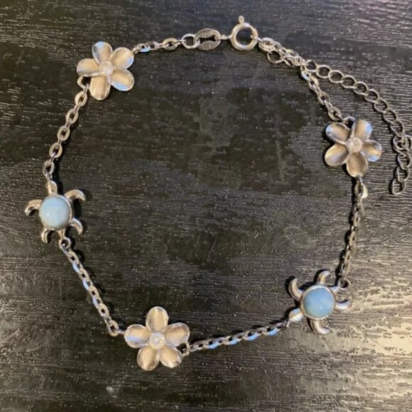Jewelry - Boho 925 Sterling Silver Blue Turtle Flower Rhinestone Tortoise Bracelet